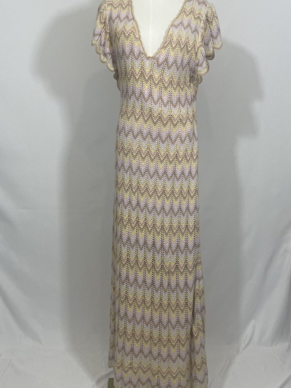 Derek Lam 10 Crosby Chevron Crochet Knit Yellow Pink Scalloped Maxi Dress XXL